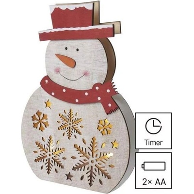 EMOS DCWW07 LED vianočný snehuliak drevený 30 cm 2x AAA vnútorný teplá biela časovač