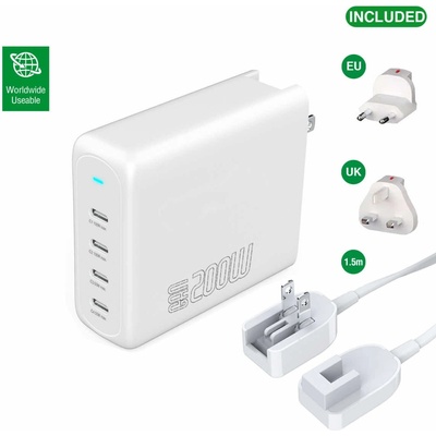 4smarts GaN Charger Flex Pro 200W - захранване за ел. мрежа за лаптопи, смартфони и таблети с 4xUSB-C изходи с технология за бързо зареждане (бял)