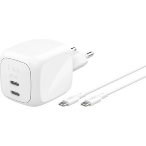 Belkin BOOSTCHARGE PRO мрежово зарядно устройство с 2 Type-C порта, 67 W, PD бързо зареждане + кабел Type-C, БЯЛО WCH020KQ2MWH-B6 (WCH020KQ2MWH-B6)