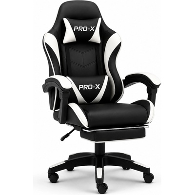 PRO-X Goborelax Геймърски стол с масажна функция, поставка за крака - черно и бяло (bm028)