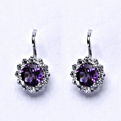 Čištín Zlaté náušnice,čiré zirkony a přírodní ametyst tmavý, bílé i žluté zlato - NK 1495