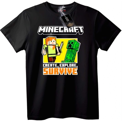 NOONEBRAND Тениска "Създавай Изследвай Оцелявай" от Minecraft - 2XL, Black