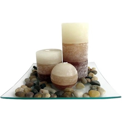 TORO Darčekový set 3 sviečky vôňa vanilka na sklenenom podnose s kameňmi
