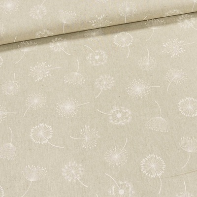 Směsové plátno CALIPSO BLOOM, bílé chmýří pampelišky na režné, š.140cm (látka v metráži)