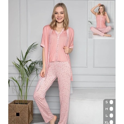 Дамска пижама в коралово и бяло от 3 части