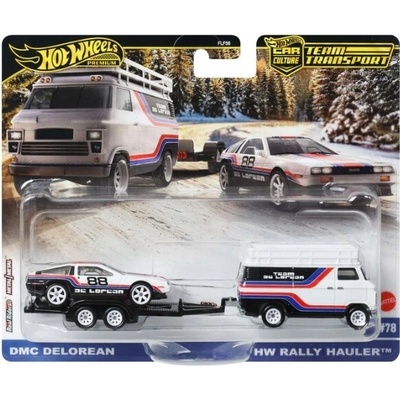 Mattel Hot Wheels Premium sada vozidel Team Delorean Rally Hauler #78 DMC Delorean