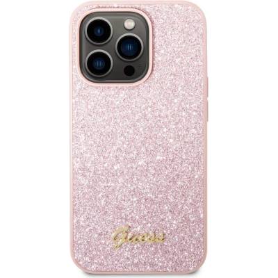 GUESS Glitter Flakes Metal Logo Case - хибриден удароустойчив кейс за iPhone 14 Pro Max (розов)