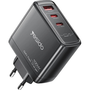 YESIDO Захранване за ел. мрежа за лаптопи, смартфони и таблети с 2xUSB-C и 1xUSB-A изходи - Yesido YC142 GaN Fast Wall Charger 100W (черен) (YC142 (KF2354335))