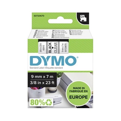 Dymo originál páska do tlačiarne štítkov, Dymo, 40910, S0720670, čierny tlač/transparentná podklad, 7m, 9mm, D1
