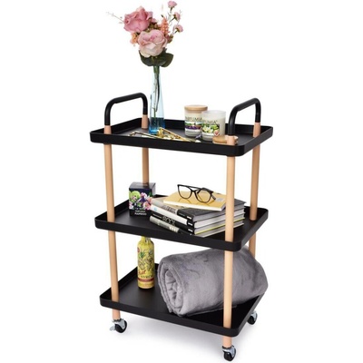 Trolley pojízdný vozík 3patrový multifunkční obdélníkový regál na kolečkách, výška 86 cm černý