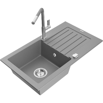 Mexen Pablo гранитна мивка с 1 отделение и отцедник, с кухня батерия Flora, сив - 6510-71-670401-06 (6510-71-670401-06)