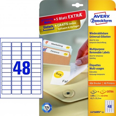 Avery-Zweckform L4736REV-25 45.7 x 21.2 mm papier biela 1440 ks premiestniteľné univerzálne etikety atrament, laser, kópie; L4736REV-25