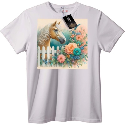 NOONEBRAND Тениска Кон и Цветя Изкуство - 5XL, White