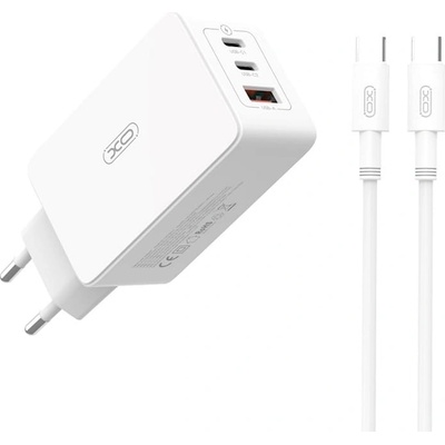 XO Зарядно за телефон CE13, 65W стенно PD QC 3.0, 1x USB, 2x USB-C, бяло + USB-C - USB-C кабел - XO