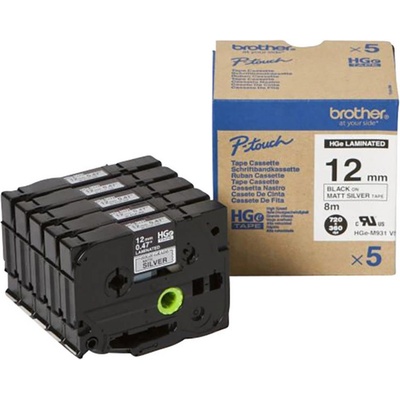 Brother HGe-M931V5 etikety sada 5 ks Farba pásky: strieborná (matná) Farba písma: čierna 12 mm 8 m