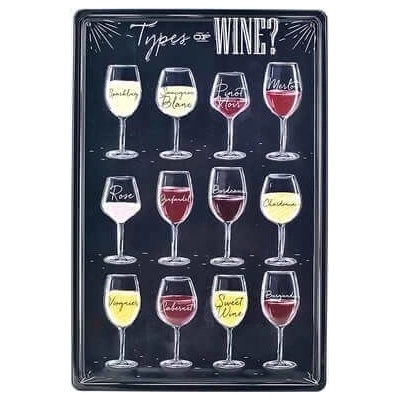 Ceduľa Types Of Wine Vintage style 30cm x 20cm Plechová tabuľa