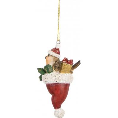 Clayre & Eef Béžová závěsná dekorace ptáček v červené čepce - 5*3*9 cm
