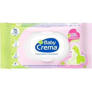 Baby Crema Биоразградими мокри кърпички с капаче Baby Crema - Алое, 72 броя (2203) - ozone