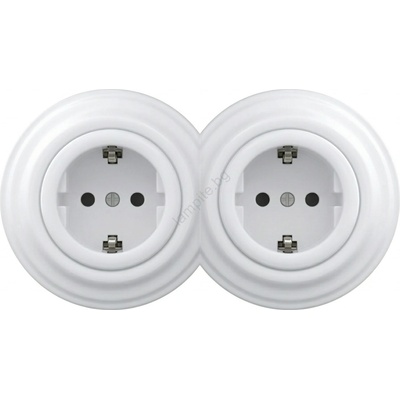 Kliklap - Двойна ретро домашна розетка с рамка SCHUKO 230V снежнобяла (KA0152C)
