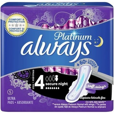 Always Дамски превръзки с крилца Always Platinum - Secure Night, 5 броя