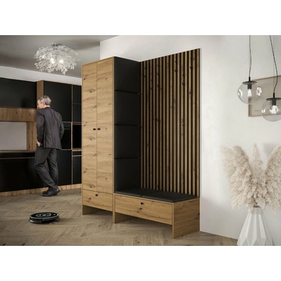 BALMA III Předsíňová stěna lamelami a čalouněnými DUB Soft 11 ekokůže černá Mirjan BALMA III Artisan černý Soft 11