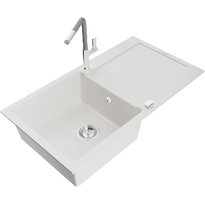 Mexen Leo гранитна мивка 1-камерна с отцедник и кухненски смесител Flora, бял - 6501-20-670401-06 (6501-20-670401-06)