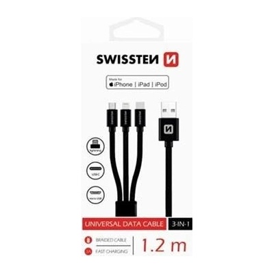 Swissten kabel Textile 3in1mFi 1,2m, černá