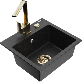 Mexen Milo гранитна кухненска мивка с 1 отделение с кухненски смесител Rita, черно/сребърен металик - 6505-73-670300-50 (6505-73-670300-50)