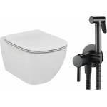 Ideal Standard Комплект за окачена тоалетна чиния Ideal Standard Tesi, капак с плавно затваряне и черен интимен душ комплект с вграден смесител Rea Loop (T007901+T352701+5902557344826)