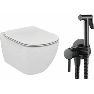Ideal Standard Комплект за окачена тоалетна чиния Ideal Standard Tesi, капак с плавно затваряне и черен интимен душ комплект с вграден смесител Rea Loop (T007901+T352701+5902557344826)