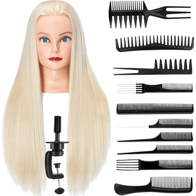Korbi Kadeřnická hlava, cvičná hlava, blond vlasy 70 cm, sada s hřebeny
