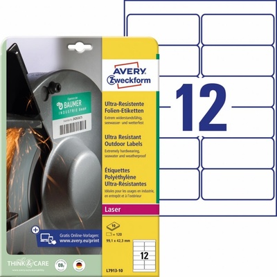 Avery Zweckform Etikety pro laser 10 listů A4 bílé 99,1 x 42,3 mm ultra odolné vůči počasí L7913-10
