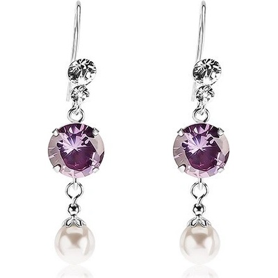 Šperky eshop ze stříbra čiré krystalky Swarovski fialový zirkon bílá perla I25.08