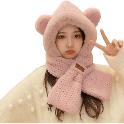 HARAHU Плетена качулка с шал и ушички - Розова kp36923 (36923)