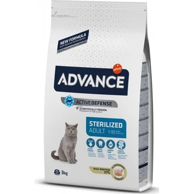 Advance Cat Adult Sterilized - пуйка и ечемик, високачествена храна за кастрирани котки над 1 година, контрол на теглото, уринарна профилактика, Испания - 3 кг