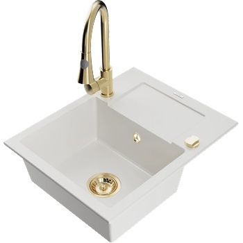 Mexen Enzo кухненска мивка от гранит с 1 купа, сушилня и кухненски смесител Elia, бял - 6506-20-670101-50 (6506-20-670101-50)