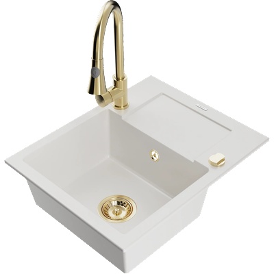 Mexen Enzo кухненска мивка от гранит с 1 купа, сушилня и кухненски смесител Elia, бял - 6506-20-670101-50 (6506-20-670101-50)