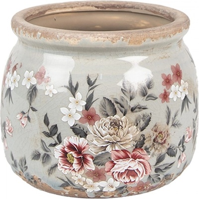 Clayre & Eef Zelený keramický květináč s květy Floria S 12x10 cm