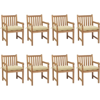 vidaXL Градински столове, 8 бр, кремавобели възглавници, тик масив (3073075)