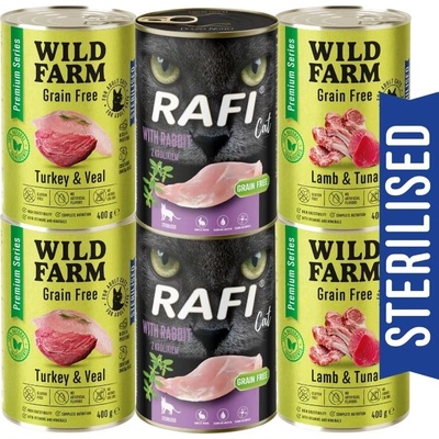 WILD FARM Premium Grain Free + Rafi 6x400g - беззърнена храна за кастрирани котки