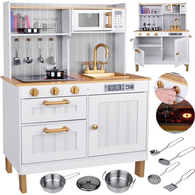 JOKO Veľká Elegantná Drevená Kuchynka 94cm so Svetlom a Zvukom so zlatým dresom a batériou biela