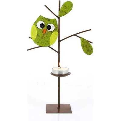 GLOBO Fair Trade Partner Kovový svícen Stromek se zelenou sovičkou z Kolumbie, 26 cm