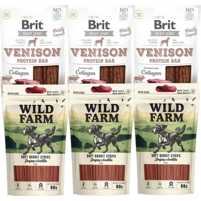 BRIT Jerky Snack Venison + WILD FARM králičí proužky 6 x 80 g