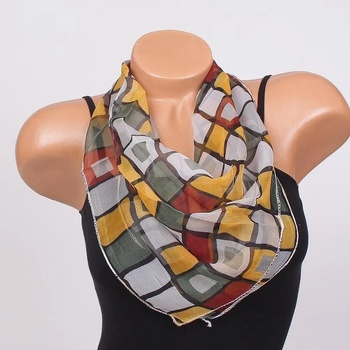 Image 1 of Шарено фишу на квадрати в жълто, зелено, сиво и бордо