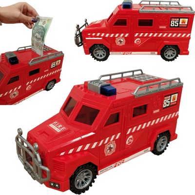 Lebula pokladnička na mince bankovky prasátko dárek na peníze otevírací interaktivní auto hasičský vůz