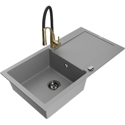 Mexen Leo гранитна мивка с 1 отделение с отцедник и кухненски смесител Aster, сив - 6501-71-73450-57-B (6501-71-73450-57-B)