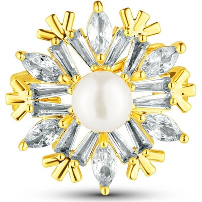 JwL Luxury Pearls Trblietavá brošňa v tvare snehovej vločky s perlou JL0873