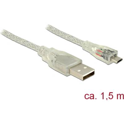 Delock USB 2.0 кабел с USB 2.0 Type A конектор с USB 2.0 Micro-B конектор, 1, 5 м, прозрачен