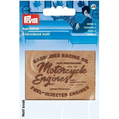 PRYM Nášivka štítok Motorcycle Engines, imitácia semišu, nažehľovacia, piesková