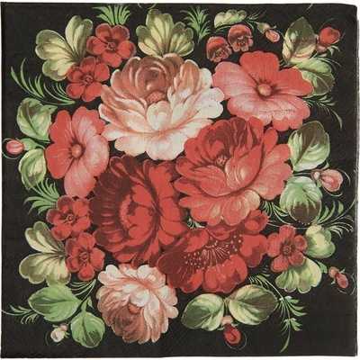 Clayre & Eef Papierové obrúsky s kyticou ruží na čiernom pozadí 33x33 cm 20ks